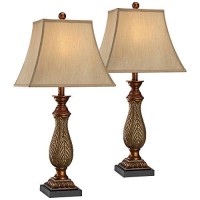 Regency Hill Traditional Style Table Lamps 29 Tall Set Of 2 Two Tone Gold Brown Leaf Linen Rectangular Bell Fabric Shade Decor For Living Room Bedroom House Bedside Nightstand Home Office