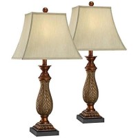 Regency Hill Traditional Style Table Lamps 29 Tall Set Of 2 Two Tone Gold Brown Leaf Linen Rectangular Bell Fabric Shade Decor For Living Room Bedroom House Bedside Nightstand Home Office