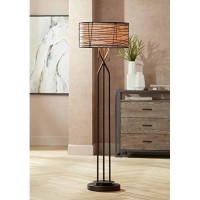 Marlowe Modern Industrial Farmhouse Lamp Floor Standing Rustic Bronze Woven Iron Metal Burlap Fabric Double Drum Shade Decor For Living Room Reading House Bedroom Home Office - Franklin Iron Works