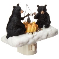 Roman Lights Exclusive Plug In Night Light, Features 2 Bears Roasting Marsh Mellows Around A Flickering Flame Camp Fire, 4.5-Inch