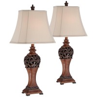 Regency Hill Exeter Traditional Style Table Lamps 30 Tall Full Size Set Of 2 Bronze Wood Carved Leaf Creme Rectangular Bell Shade Decor For Living Room Bedroom House Bedside Nightstand Office