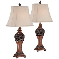 Regency Hill Exeter Traditional Style Table Lamps 30 Tall Full Size Set Of 2 Bronze Wood Carved Leaf Creme Rectangular Bell Shade Decor For Living Room Bedroom House Bedside Nightstand Office