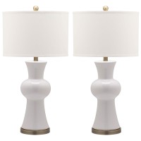 Safavieh Lighting Collection Lola Modern Column White Ceramic 30-Inch Bedroom Living Room Home Office Desk Nightstand Table Lamp Set Of 2 (Led Bulbs Included)