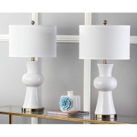 Safavieh Lighting Collection Lola Modern Column White Ceramic 30-Inch Bedroom Living Room Home Office Desk Nightstand Table Lamp Set Of 2 (Led Bulbs Included)