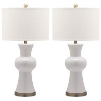 Safavieh Lighting Collection Lola Modern Column White Ceramic 30-Inch Bedroom Living Room Home Office Desk Nightstand Table Lamp Set Of 2 (Led Bulbs Included)