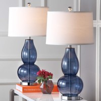 Safavieh Lighting Collection Mercurio Blue Glass Double Gourd 29-Inch Bedroom Living Room Home Office Desk Nightstand Table Lamp Set Of 2 (Led Bulbs Included)