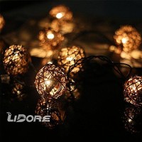 Lidore 10 Counts Natural Rattan Balls String Light. Warm White Light For Patio, Wedding, Garden And Party Brown Rattan And Green Cord (Rattan)