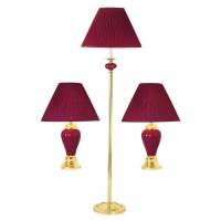 3-Piece Ceramic Lamp Set, Floor And Table Lamps, Burgundy Finish