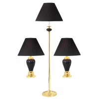 3-Piece Ceramic Lamp Set, Floor And Table Lamps, Black Finish