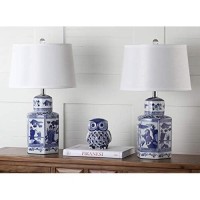 Safavieh Lighting Collection Judy Chinoiserie White Blue 24-Inch Bedroom Living Room Home Office Desk Nightstand Table Lamp Set Of 2 (Led Bulbs Included)