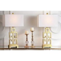 Safavieh Lighting Collection Greek Key Farmhouse Glam Antique Gold 29-Inch Bedroom Living Room Home Office Desk Nightstand Table Lamp Set Of 2 (Led Bulbs Included)