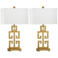 Safavieh Lighting Collection Greek Key Farmhouse Glam Antique Gold 29-Inch Bedroom Living Room Home Office Desk Nightstand Table Lamp Set Of 2 (Led Bulbs Included)