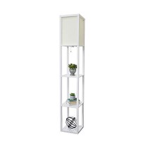 Simple Designs Lf1014-Wht Etagere Organizer Storage Shelf Linen Shade Floor Lamp, White