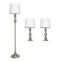 Elegant Designs Lc1015Bst Brushed Steel Three Pack Lamp Set 2 Table Lamps 1 Floor Lamp With White Fabric Shades