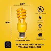 Sleeklighting 13Watt Yellow Bug Light Bulbs For Outdoor - General Purpose Spiral Cfl Yellow Bug Repellent Light Bulbs- Ul Approved- Uses 13 Watts Of Energy, 120 Volts, E26 Medium Base. (Pack Of 2)