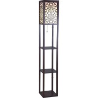 Major-Q 812045022745 6958Br-A 63 H Wooden Shelf Floor Lamp With Floral Shade Panels, Brown, Medium