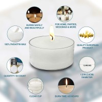 Ner Mitzvah Tea Light Candles 50 Bulk Pack White Unscented Tealight Candles In Clear Cup Long Burning 45 Hour