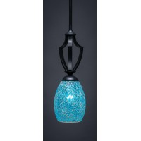 Zilo 1 Light Mini Pendant Shown In Matte Black Finish With 5 Turquoise Fusion Glass