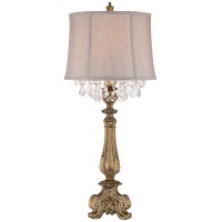 With intricate details throughout the base and lamp body this candlestick table lamp features a rich aged gold finish for a vintage look Topped with a bell shade with crystal beading it offers a rich and luxurious style for your home Place this lamp on to