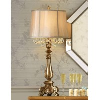 With intricate details throughout the base and lamp body this candlestick table lamp features a rich aged gold finish for a vintage look Topped with a bell shade with crystal beading it offers a rich and luxurious style for your home Place this lamp on to