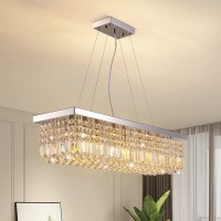 7Pm Rectangle K9 Crystal Chandelier Modern Rectangular Pendant Light Fixture For Dining Room Kitchen Island Chrome L40 X W10 X H10