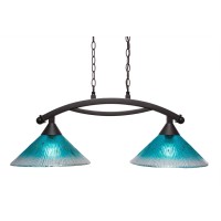 Bow 2 Light Island Light Shown In Dark Granite Finish With 12 Teal Crystal Glass