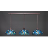 3 Light Linear Pendalier With Hang Straight Swivels Shown In Bronze Finish With 16 Blue Mosaic Art Glass