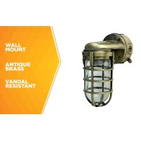 Woods L1707Svab Traditional 100W Incandescent Weather Industrial Light; Suitable For Indoor And Outdoor Use; Wall Mount; Metal Die Cast Construction And Tempered Glass Lens; Antique Brass