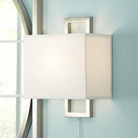 Aundria Modern Indoor Wall Lamp With Cord Brushed Nickel Metal Plug-In Light Fixture Rectangular White Shade For Bedroom Bedside House Reading Living Room Home Hallway Dining - Possini Euro Design