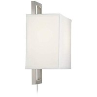 Aundria Modern Indoor Wall Lamp With Cord Brushed Nickel Metal Plug-In Light Fixture Rectangular White Shade For Bedroom Bedside House Reading Living Room Home Hallway Dining - Possini Euro Design