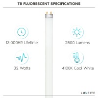 Luxrite Lr20730 (10-Pack) F32T8/841 32-Watt 4 Ft T8 Fluorescent Tube Light Bulb, Cool White 4100K, 2800 Lumens, G13 Medium Bi-Pin Base