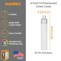 Sunlite 30259 F54T5/841/Ho 4 Foot T5 Linear Fluorescent Lamp, 54 Watts, 5000 Lumens, 5000K Super White, Miniature G5 Bi-Pin Base, High Performance Straight Tube, 12 Pack