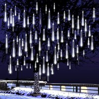 Adecorty Christmas Lights Outdoor, Meteor Shower Lights 12 Inch 8 Tubes Snow Falling Rain Cascading Icicle Lights For Xmas Tree, Christmas Decorations Outdoor, Luces De Navidad Para Exterior (White)