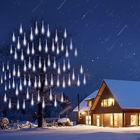 Adecorty Christmas Lights Outdoor, Meteor Shower Lights 12 Inch 8 Tubes Snow Falling Rain Cascading Icicle Lights For Xmas Tree, Christmas Decorations Outdoor, Luces De Navidad Para Exterior (White)