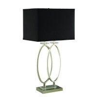 This table lamp has a design thats versatile enough for any room in the house The base is brushed nickel with a double ringshaped design for the stand A black rectangle shade adds an austere ambiance Features a convenient 3way switch for the right amount 