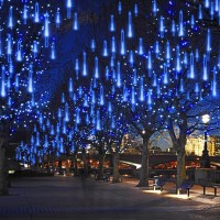 Christmas Decorations, Adecorty Falling Rain Lights Meteor Shower Lights 30Cm 8 Tubes Rain Drop Shooting Star Dripping Icicle Lights, Luces De Navidad Para Exterior, Christmas Tree Lights Outdoor Blue