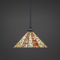 Stem Hung Pendant With Square Fitter Shown In Matte Black Finish With 14 Fiesta Art Glass