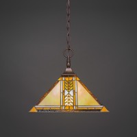 Chain Hung Pendant With Square Fitter Shown In Bronze Finish With 14 Santa Cruz Art Glass