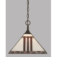 Chain Hung Pendant With Square Fitter Shown In Dark Granite Finish With 14 Purple & Metal Leaf Art Glass