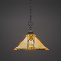 Chain Hung Pendant With Square Fitter Shown In Matte Black Finish With 14 Santa Cruz Art Glass