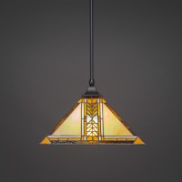 Stem Hung Pendant With Square Fitter Shown In Matte Black Finish With 14 Santa Cruz Art Glass