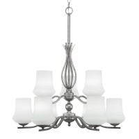 Revo 9 Light Chandelier Shown In Aged Silver Finish With 5.5 Zilo White Linen Glass