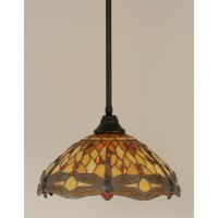 Stem Pendant With Hang Straight Swivel Shown In Matte Black Finish With 16 Amber Dragonfly Art Glass