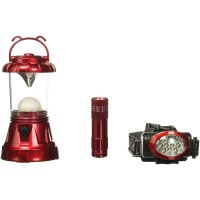 Perfect for camping and emergencies this 3piece Camping Light Set features an 11 LED lantern with a handle a 9 LED mini flash light with a carry strap and a 10 LED head lamp with 3 light modes and a comfortable elastic strap to keep you prepared for any l