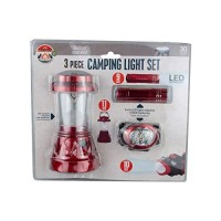 Perfect for camping and emergencies this 3piece Camping Light Set features an 11 LED lantern with a handle a 9 LED mini flash light with a carry strap and a 10 LED head lamp with 3 light modes and a comfortable elastic strap to keep you prepared for any l