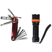 Be prepared for emergency repairs with this 18piece multi tool 3 function flashlight set featuring a strong metal foldout pocket tool with a large variety of tools and a 3 function flashlight with carry strap and low beam high beam and pulsating emergency