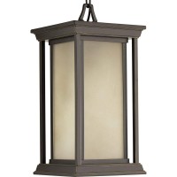 Progress Lighting Endicott Collection 1-Light Etched Umber Linen Glass Craftsman Outdoor Hanging Lantern Light Antique Bronze