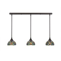 3 Light Linear Pendalier With Hang Straight Swivels Shown In Bronze Finish With 7 Kaleidoscope Art Glass