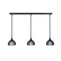 3 Light Linear Pendalier With Hang Straight Swivels Shown In Bronze Finish With 7 Turquoise Cypress Art Glass