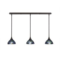 3 Light Linear Pendalier With Hang Straight Swivels Shown In Bronze Finish With 7 Blue Mosaic Art Glass